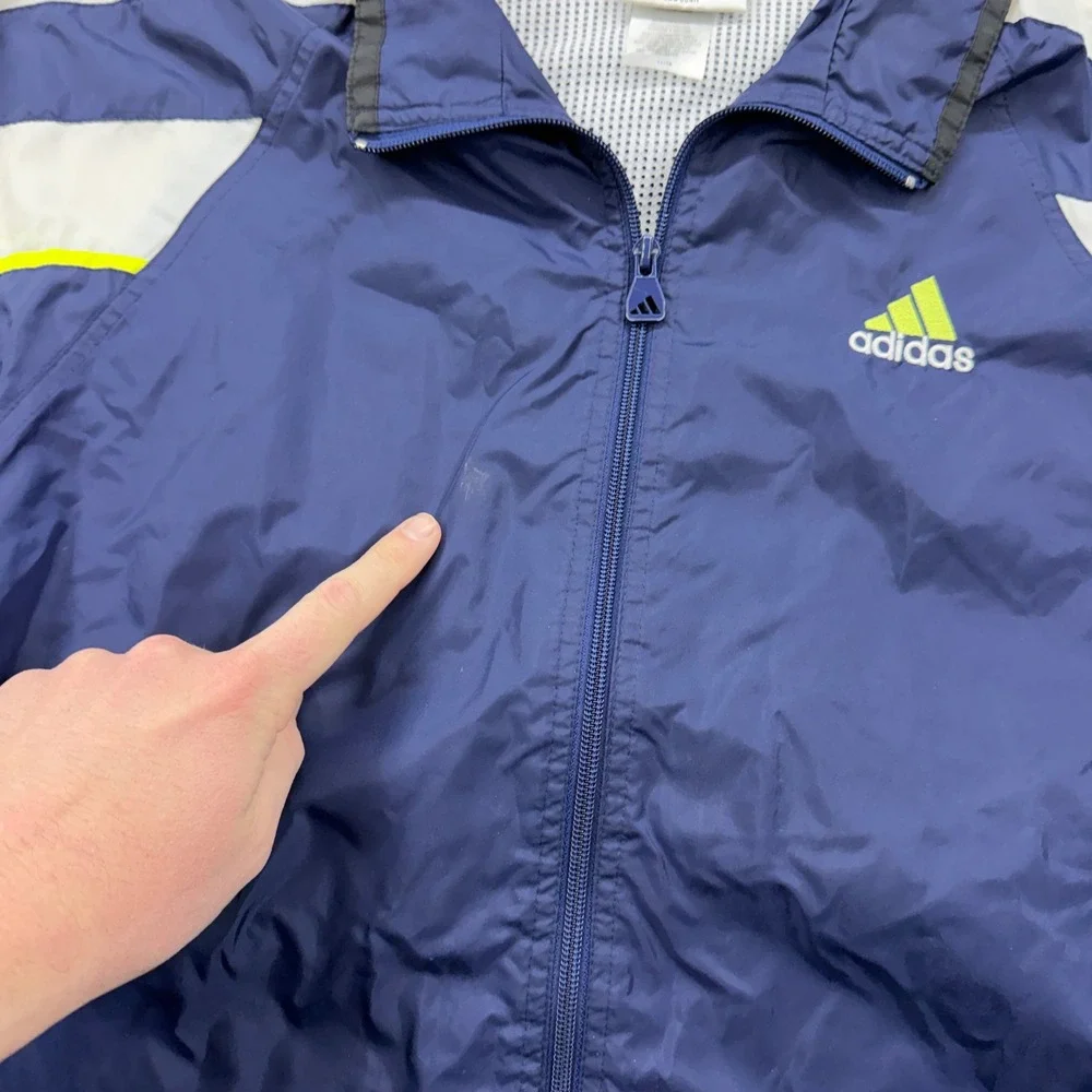 Vintage Adidas Windbreaker Jacket Mens Large Navy Blue White Neon Full Zip‎ 90s